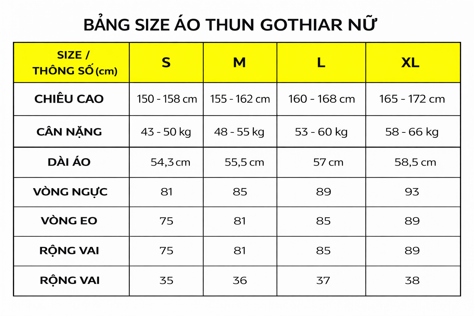 Bảng size áo thun nữ
