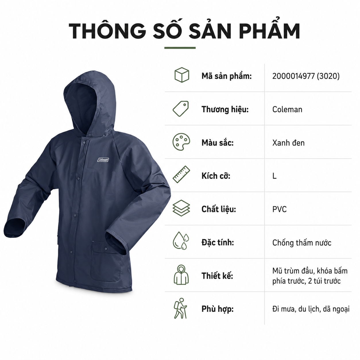 Áo mưa Coleman 2000014977 - L - Xanh đen
