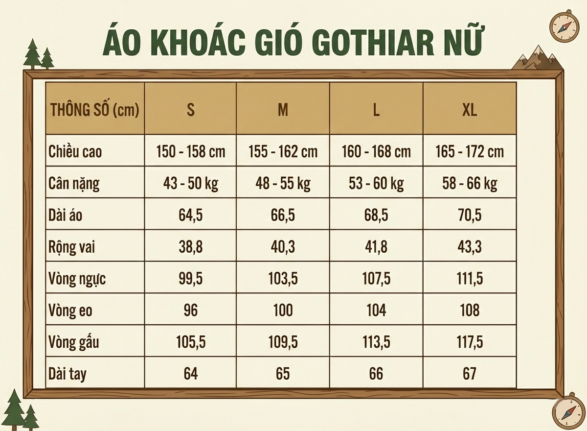 Bảng size áo khoác gió nữ