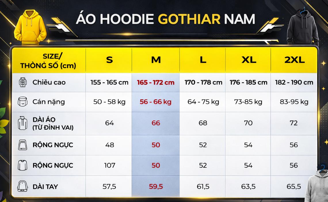 Bảng size hoodie Nam