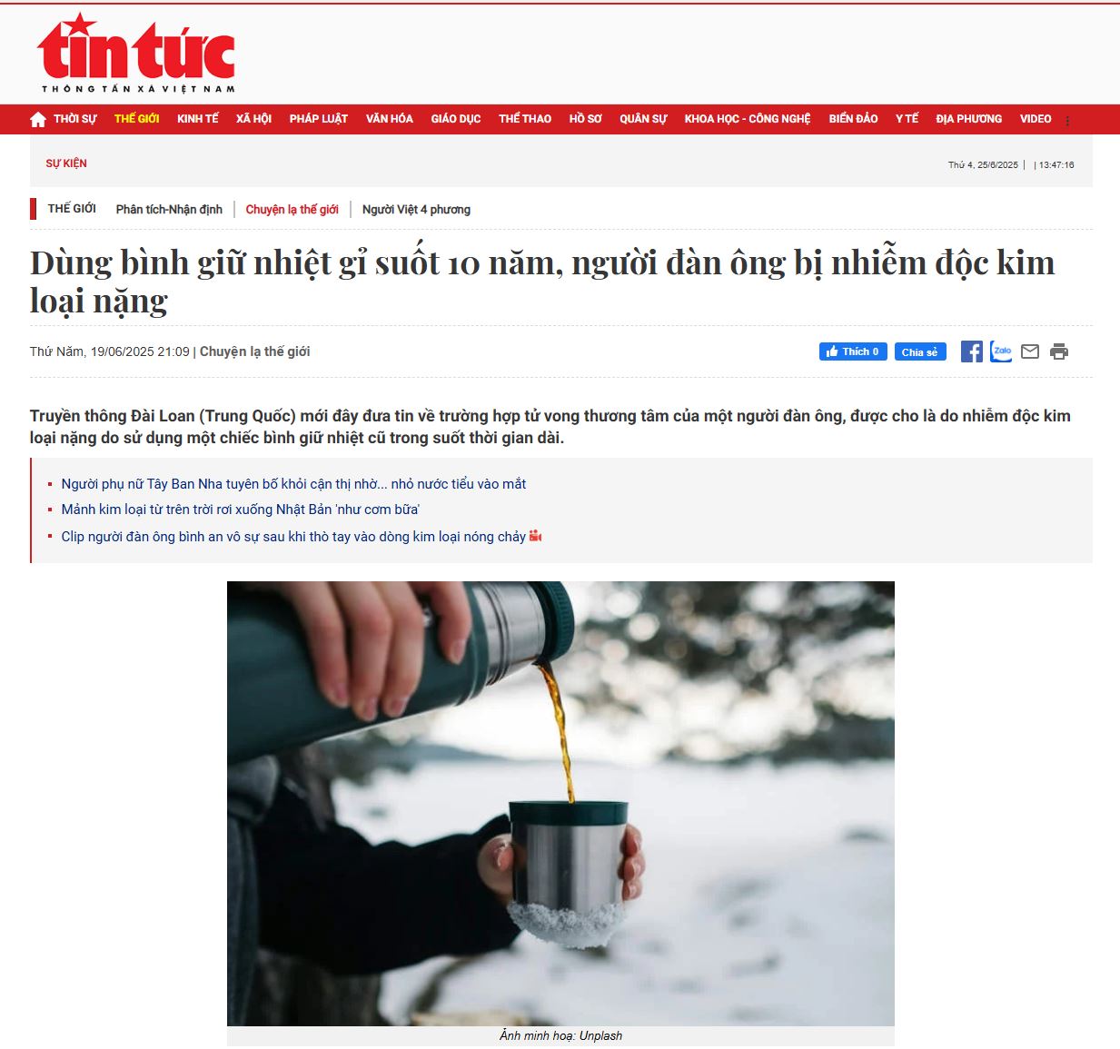 Thông Tấn Xã đưa tin về bình giữ nhiệt bị nhiễm kim loại nặng