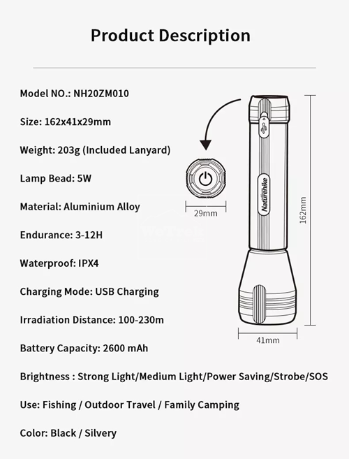 Đèn pin sạc cầm tay chống nước Naturehike NH20ZM010