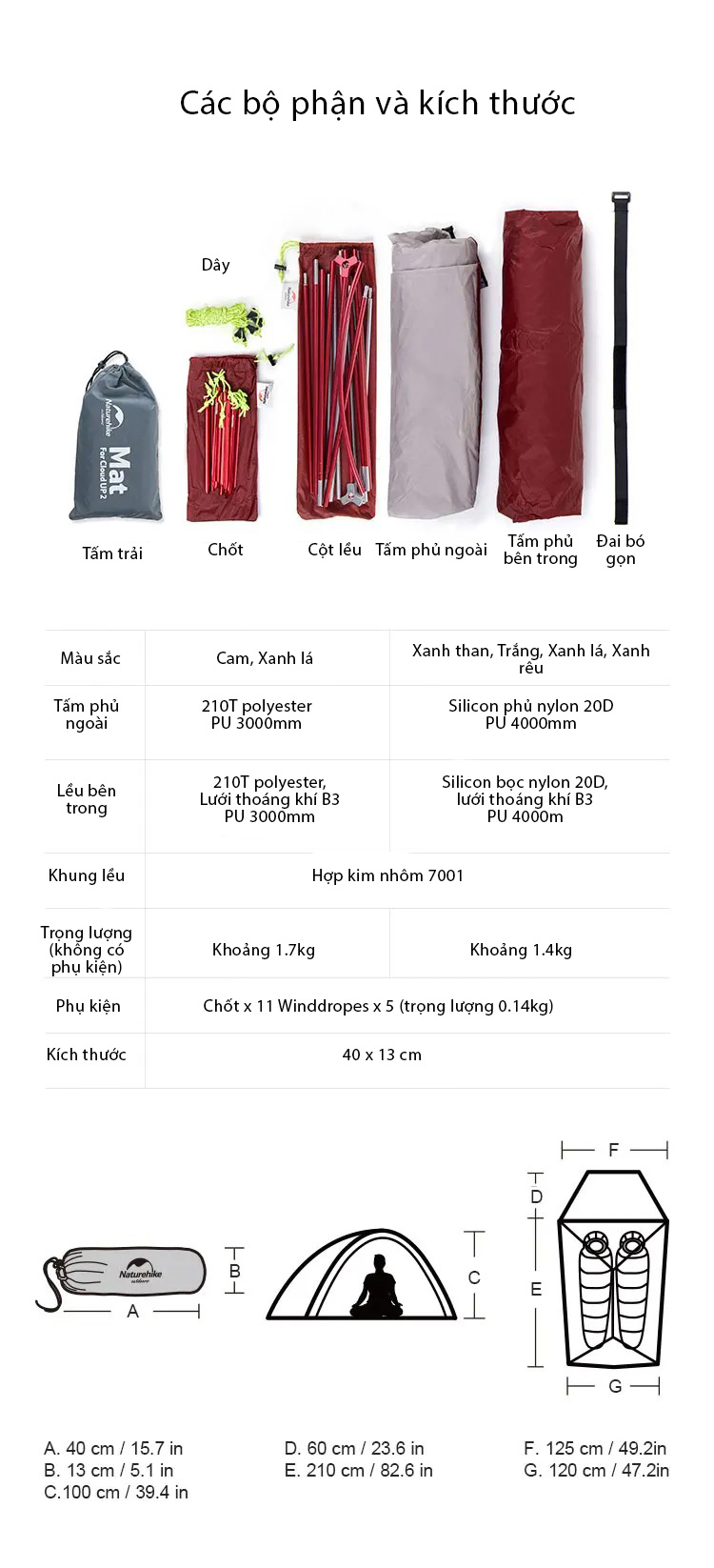 Lều cắm trại 2 người Naturehike Ultralight Cloud Up Series NH17T001-T