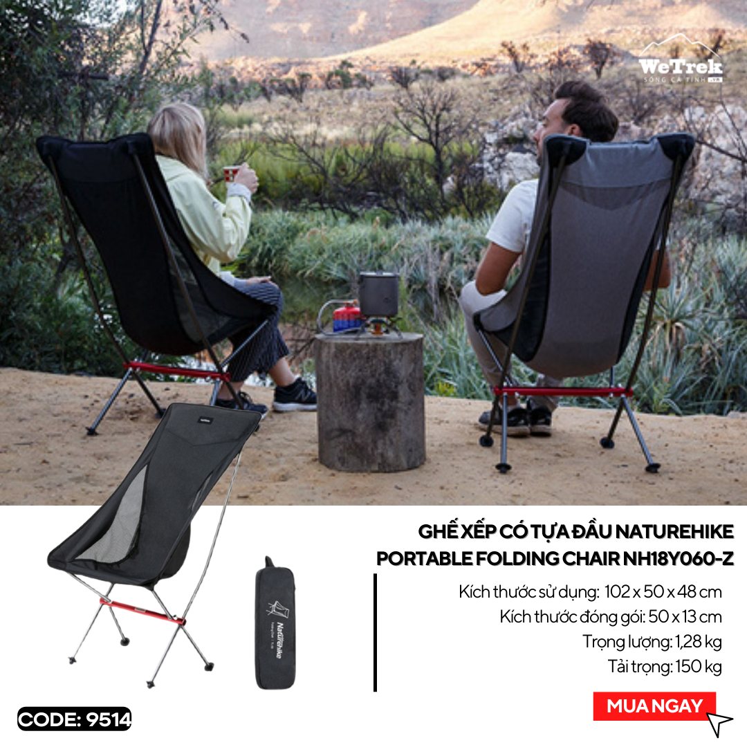 Ghế xếp có tựa đầu Naturehike Portable Folding Chair NH17Y010-L - 9513 có trọng lượng nhẹ, có thể gấp gọn, xách tay dễ dàng.