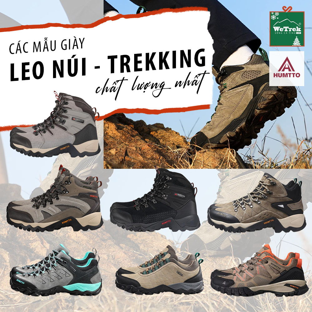 Có thể là hình ảnh về văn bản cho biết ''WeTrek CÁC MẪU GIÀY LEO NÚI TREKKING chất lượng nhất A HUMTTO HUMTTO''